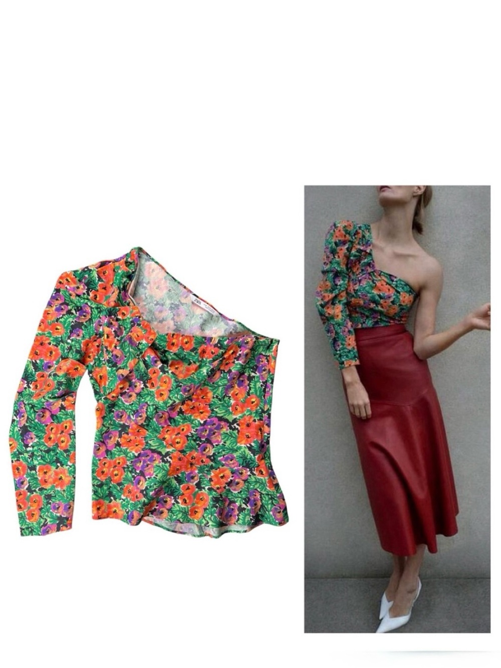 Zara Printed Asymmetric Top Floral One Shoulder Size Medium
